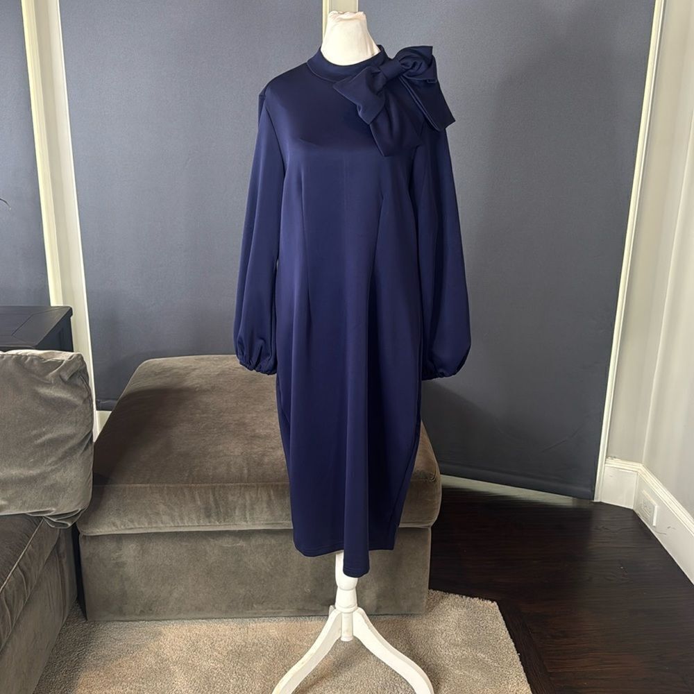 Women’s Navy Blue Long Sleeve Midi Pencil Dress with Bow Detail Size XL NEW